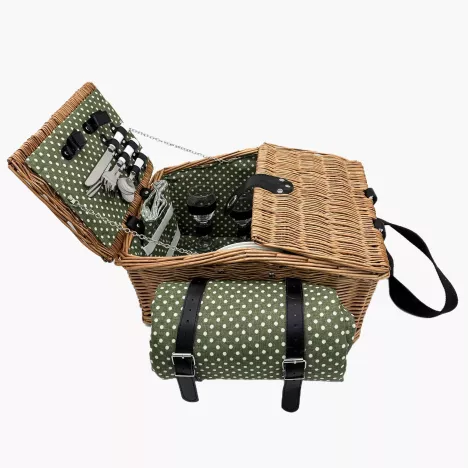 Kosz piknikowy w kropki dla 4 osób z wyposażeniem DUKA PICKNICK zielony