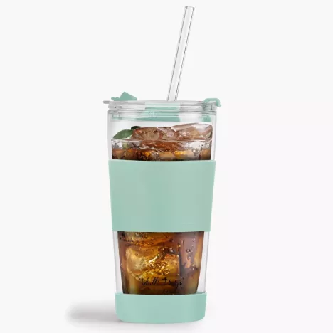 Kubek termiczny ze słomką VIALLI DESIGN FUORI 600 ml miętowy szklany