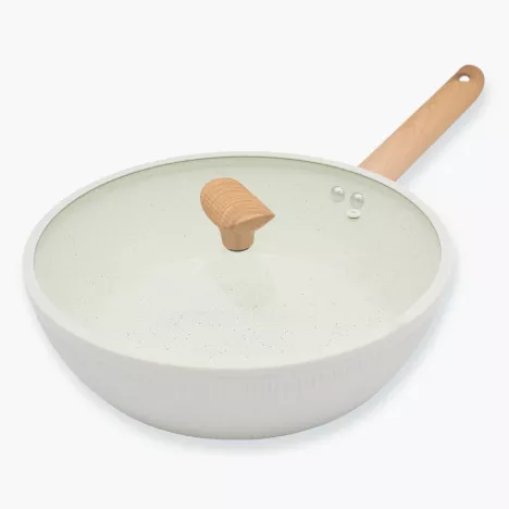 Patelnia głęboka z pokrywką DUKA GRAN 28 cm beżowa szara aluminiowa