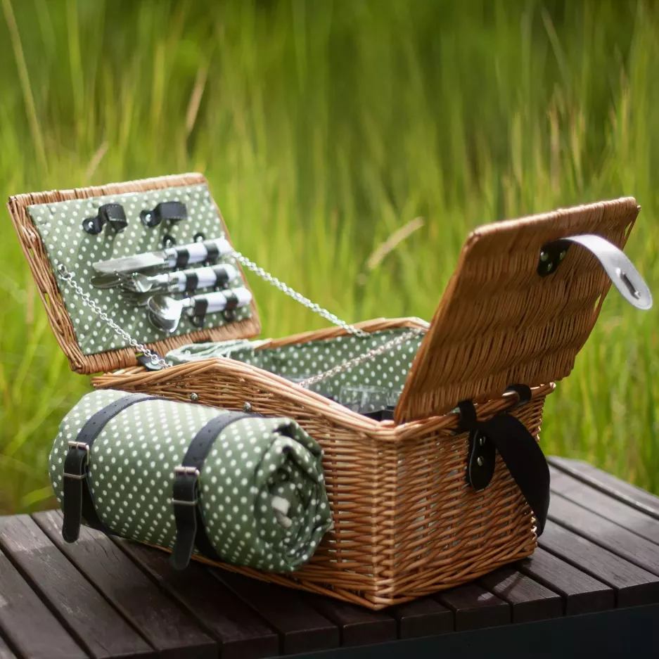 Kosz piknikowy w kropki dla 4 osób z wyposażeniem DUKA PICKNICK zielony