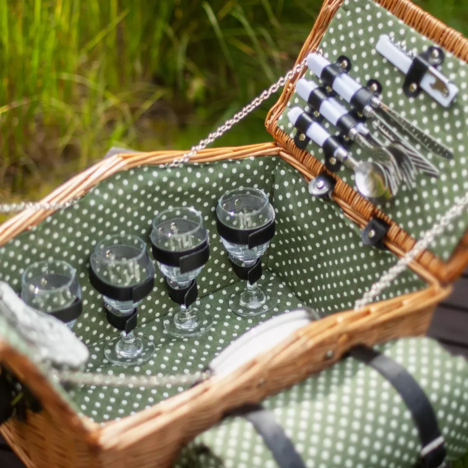 Kosz piknikowy w kropki dla 4 osób z wyposażeniem DUKA PICKNICK zielony
