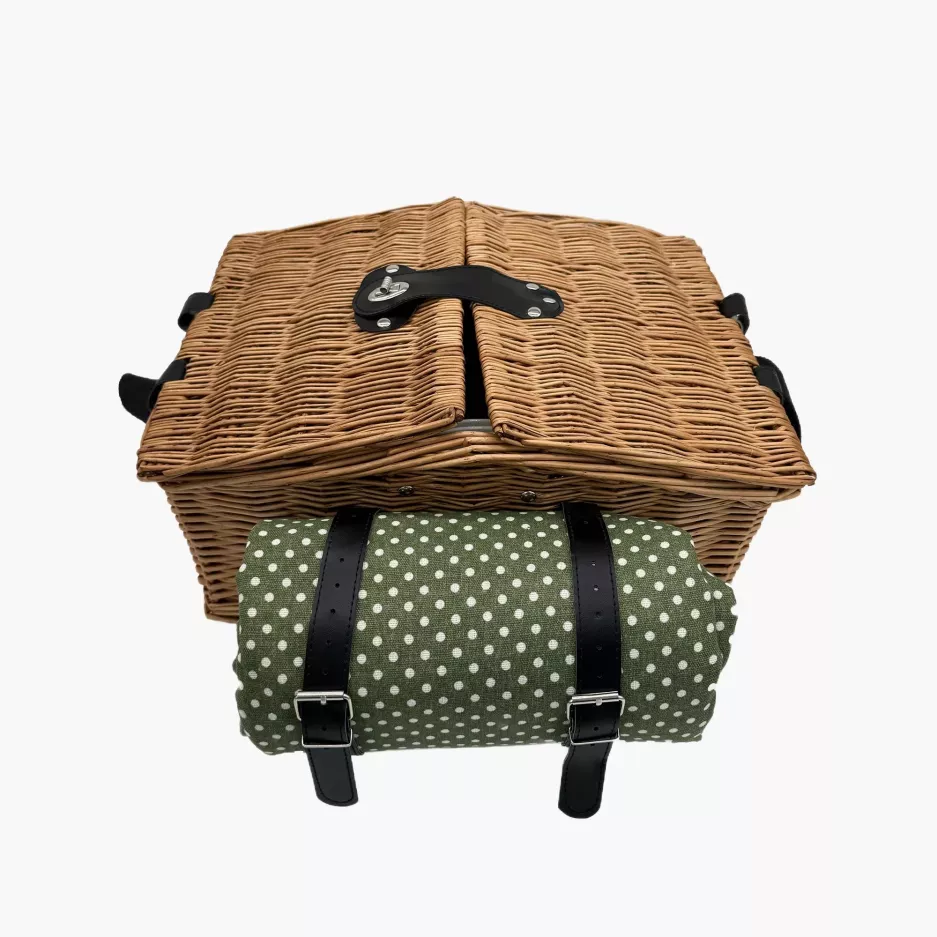 Kosz piknikowy w kropki dla 4 osób z wyposażeniem DUKA PICKNICK zielony