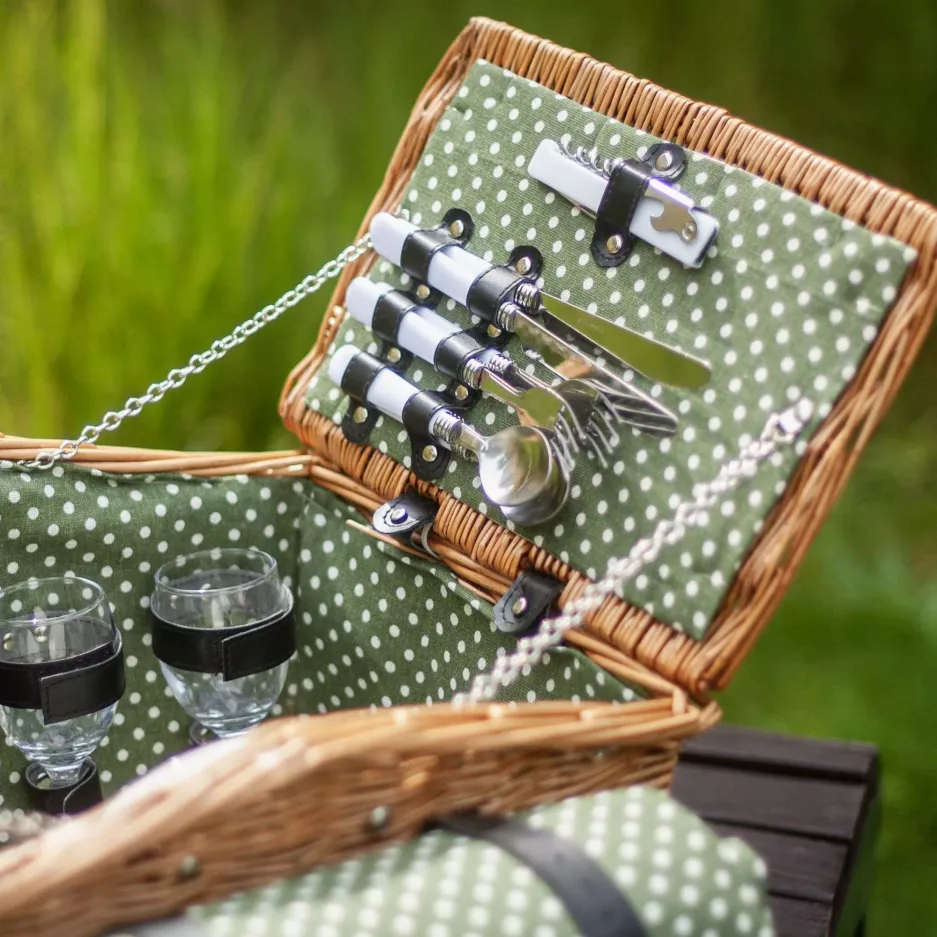 Kosz piknikowy w kropki dla 4 osób z wyposażeniem DUKA PICKNICK zielony