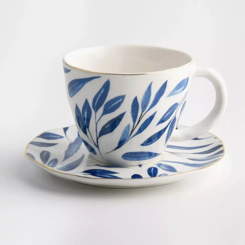 Filiżanka ze spodkiem w liście DUKA RIVIERA 250 ml niebieska porcelana