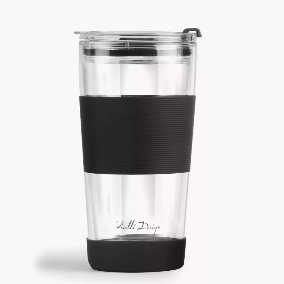 Kubek termiczny ze słomką VIALLI DESIGN FUORI 600 ml czarny szklany