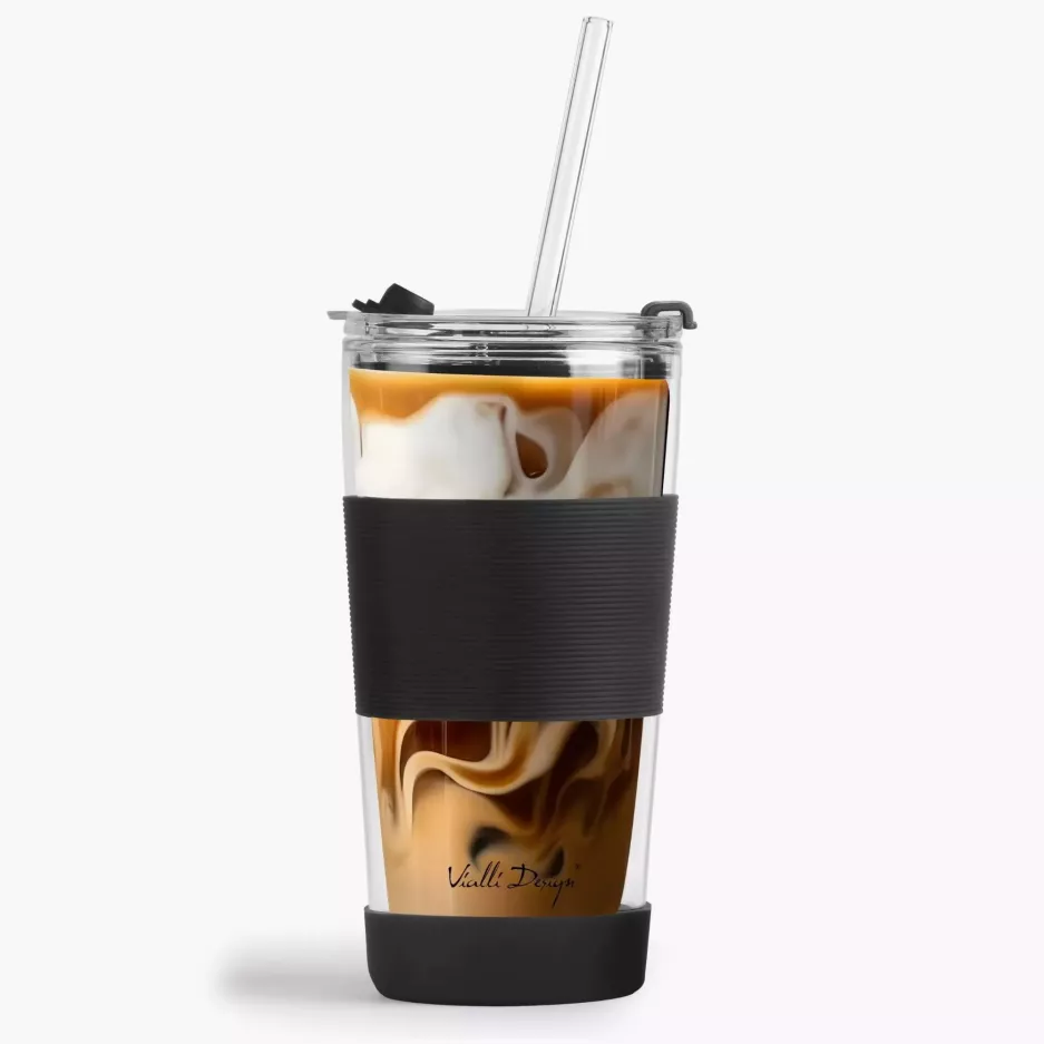 Kubek termiczny ze słomką VIALLI DESIGN FUORI 600 ml czarny szklany
