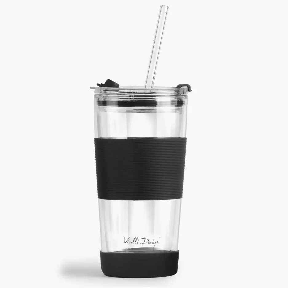 Kubek termiczny ze słomką VIALLI DESIGN FUORI 600 ml czarny szklany