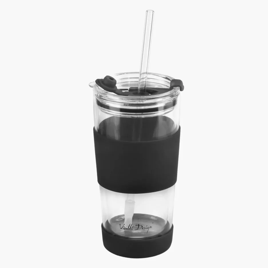 Kubek termiczny ze słomką VIALLI DESIGN FUORI 600 ml czarny szklany