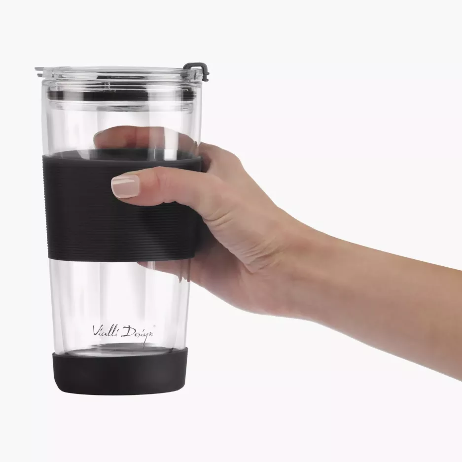 Kubek termiczny ze słomką VIALLI DESIGN FUORI 600 ml czarny szklany