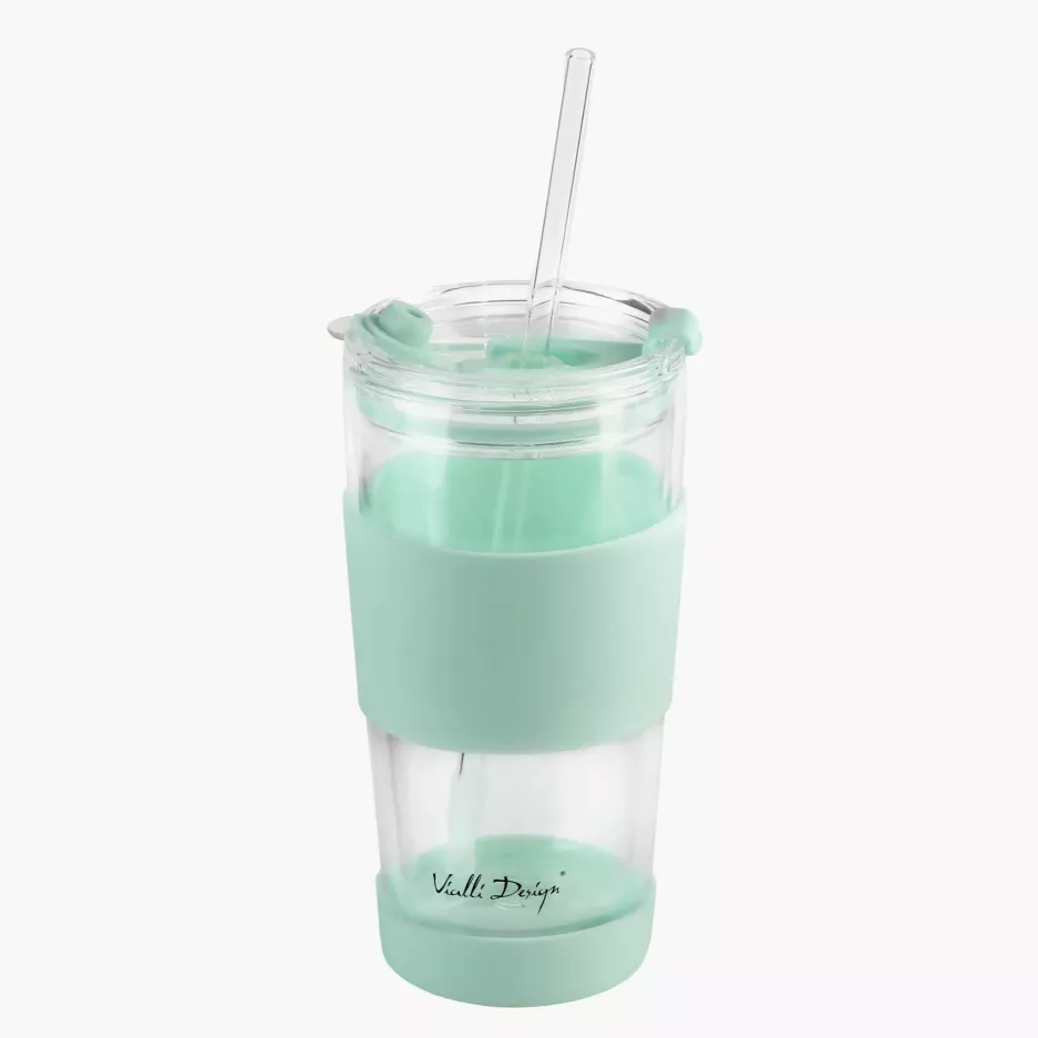 Kubek termiczny ze słomką VIALLI DESIGN FUORI 600 ml miętowy szklany