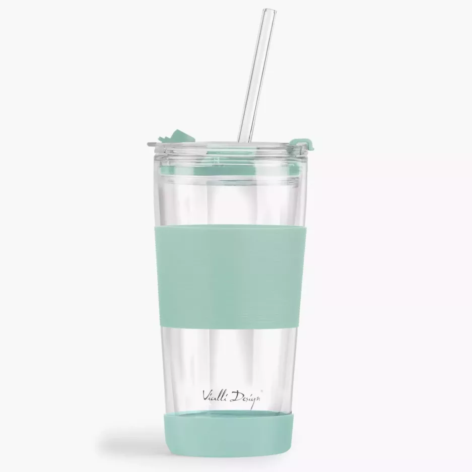 Kubek termiczny ze słomką VIALLI DESIGN FUORI 600 ml miętowy szklany