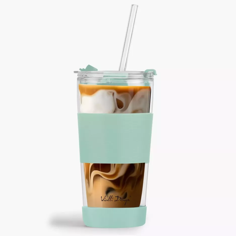 Kubek termiczny ze słomką VIALLI DESIGN FUORI 600 ml miętowy szklany