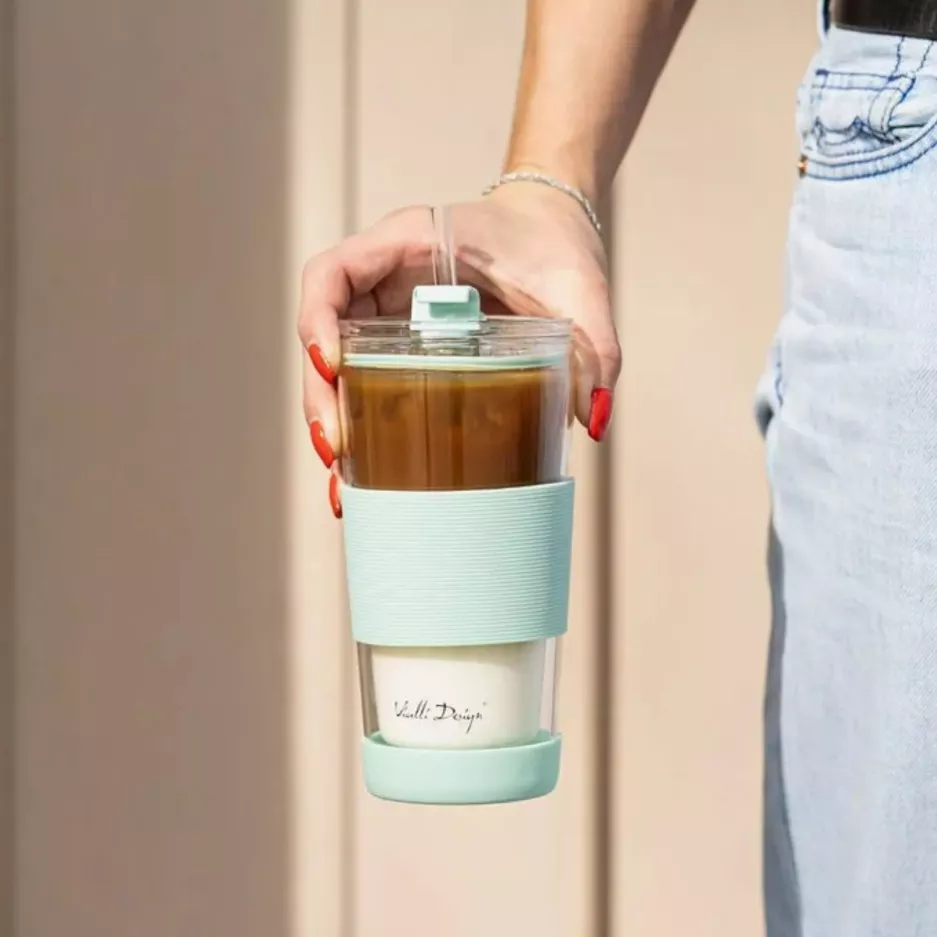 Kubek termiczny ze słomką VIALLI DESIGN FUORI 600 ml miętowy szklany