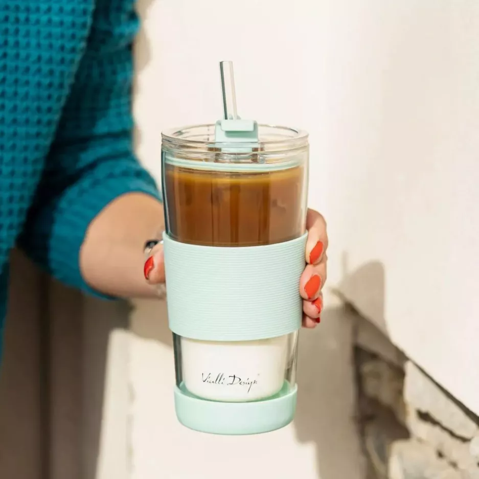 Kubek termiczny ze słomką VIALLI DESIGN FUORI 600 ml miętowy szklany