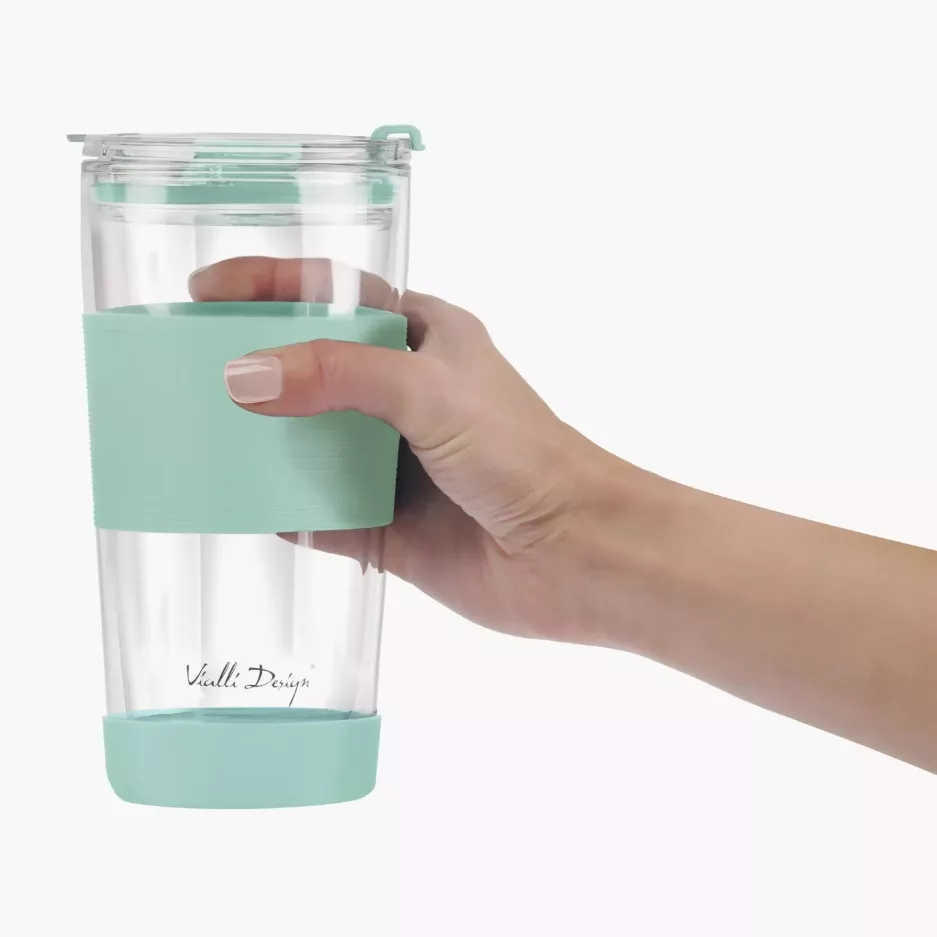 Kubek termiczny ze słomką VIALLI DESIGN FUORI 600 ml miętowy szklany
