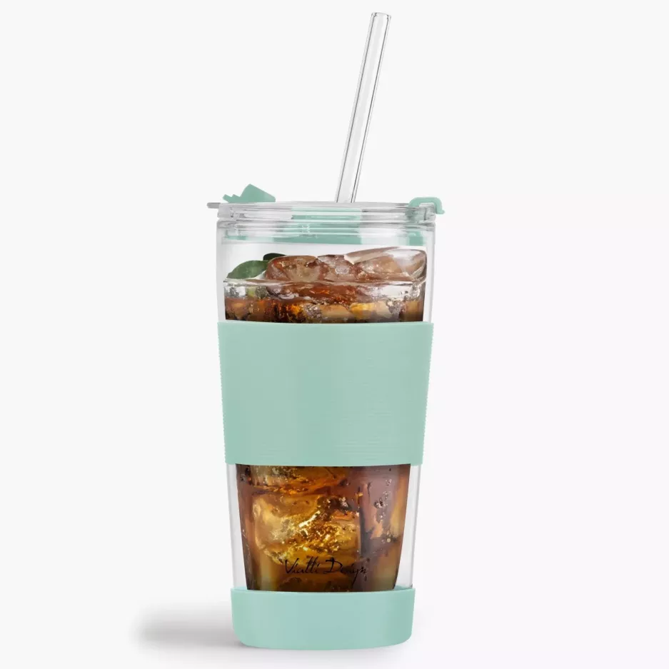 Kubek termiczny ze słomką VIALLI DESIGN FUORI 600 ml miętowy szklany