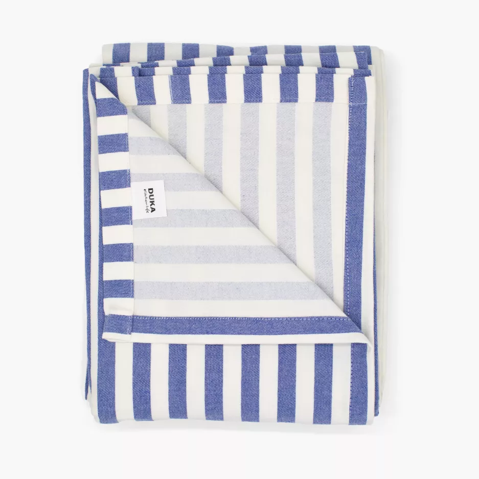 Obrus w paski DUKA REMMAR JAQUARD 320x170 cm biały niebieski bawełniany