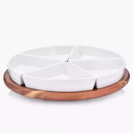 Zestaw 5 miseczek z obrotową tacą DUKA ACACIA biały porcelana drewno